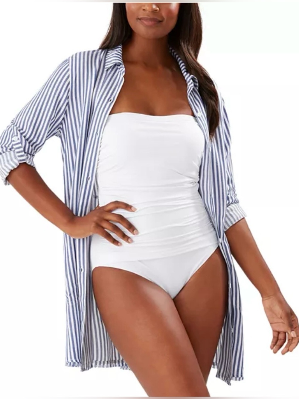 Tommy Bahama Coverup Blue & White Striped Shirt Coverup with Pockets Size Large